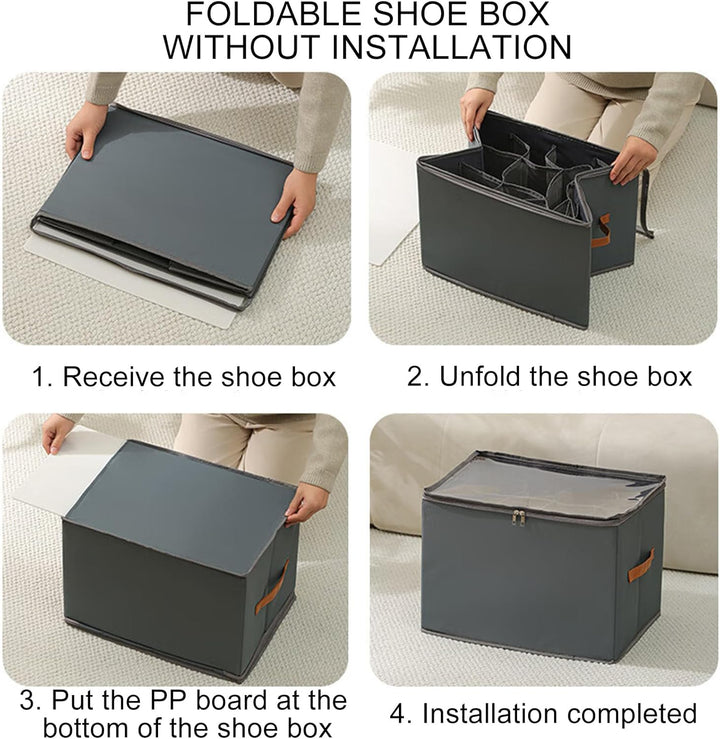 Schuh-Organizer-Box, transparenter Griff, 42 x 32 x 30 cm, platzsparend, faltbar, verstellbare Trenn