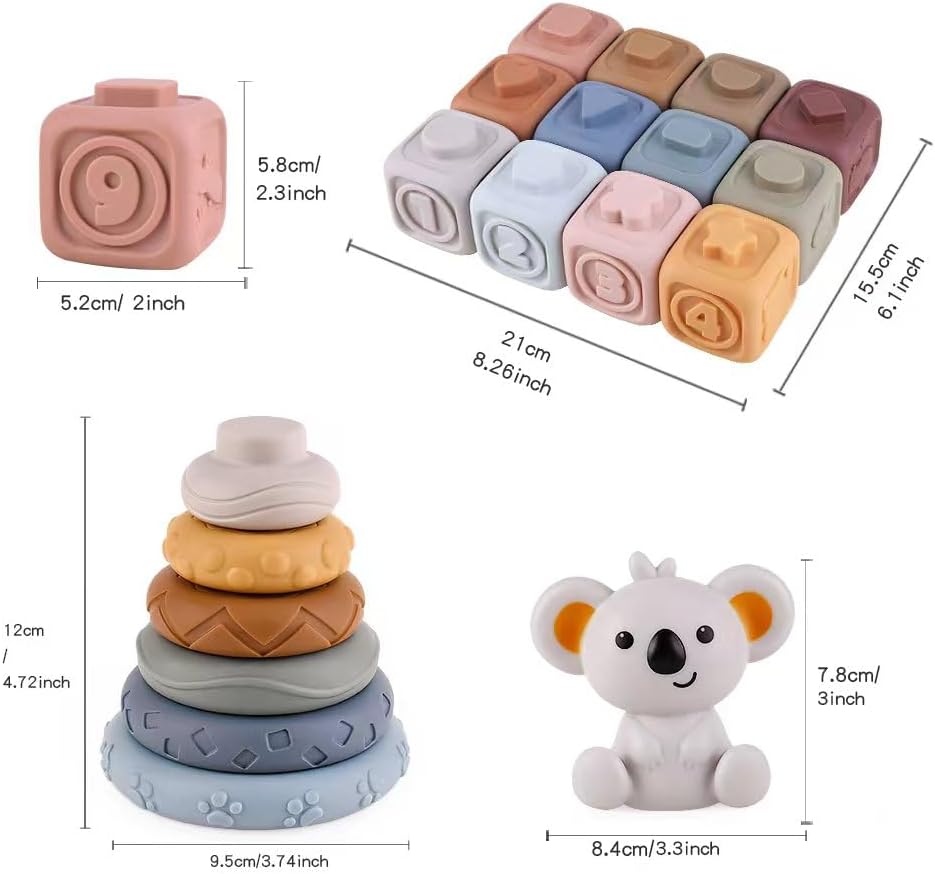 2-in-1 weiche Stapelblöcke und Ringe, Montessori-Sensorikspielzeug für Babys 6 12 18 Monate, Essenti