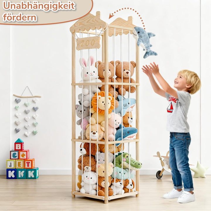 AMBIRD Kuscheltier Aufbewahrung Kinderzimmer, 140 * 40 * 40 cm Holz Kinder Spielzeug Regal für Kusch
