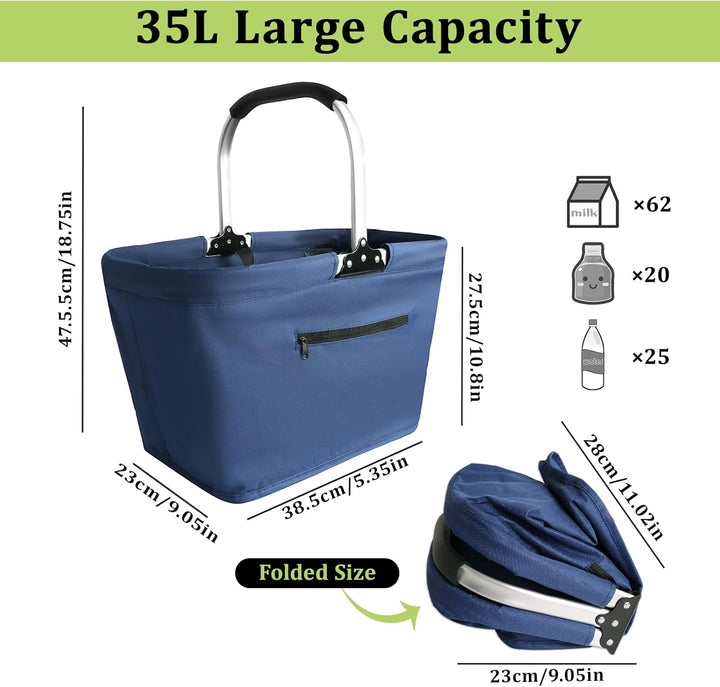 Einkaufskorb Kühltasche 35L, Einkaufskorb Faltbar mit Aluminium Griff, Grosse Isolierter Picknickkor