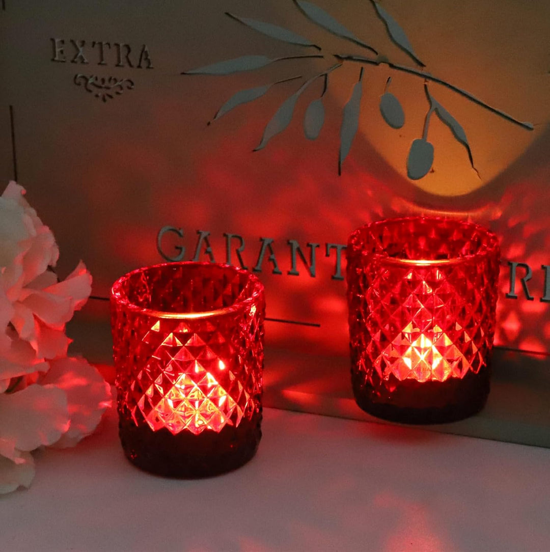 Rote Teelichter Gläser mit 12, Teelichthalter Glas für Tischdekorationen bei Hochzeiten, Rautenmuste