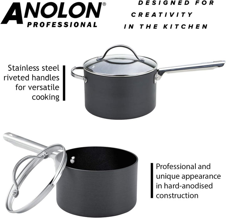 Anolon 3er Topfset - Professionelle Antihaftbeschichtung - Stielkasserolle 16/18/20cm mit Deckel - L