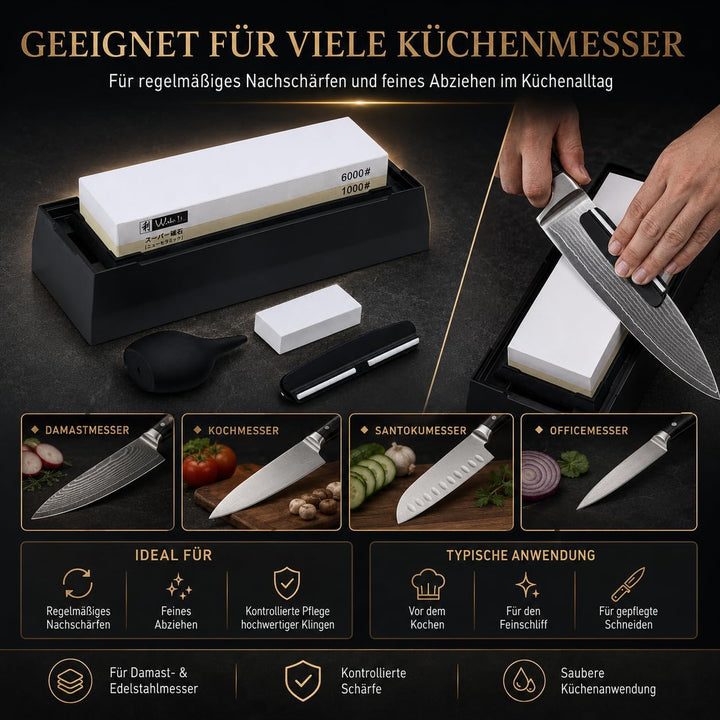 Wakoli Messer Schleifstein 1000er und 6000er Körnung (beidseitig) I Messerschärfer Set - Wetzstein z