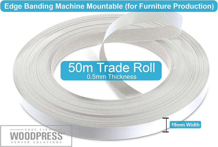 WoodPress® 19mm Mattweisse Melamin Kantenumleimer mit Schmelzkleber – 50m Industrielle Rolle – Einfa