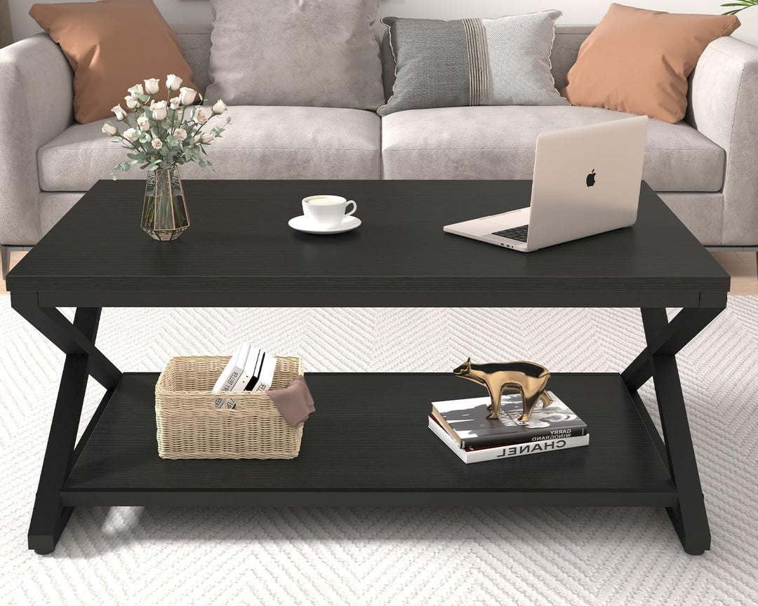 HSH Couchtisch Holz Schwarze Wohnzimmertisch mit Ablagen Moderner Sofatisch mit Stauraum Stabiler Ka