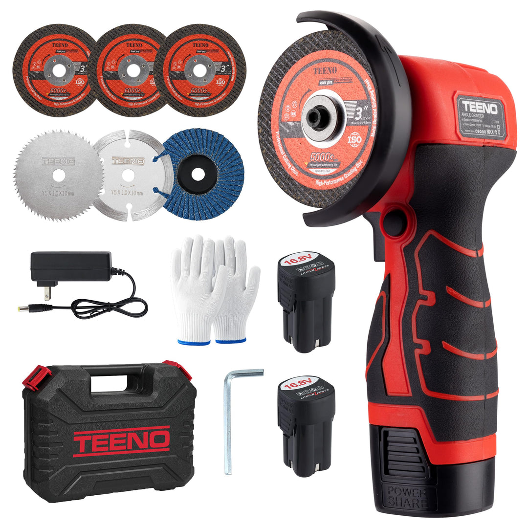 Winkelschleifer TEENO 19.500 U/min – kabellose Schleifmaschine, 76 mm, Komplettset mit 2 Akkus 2000