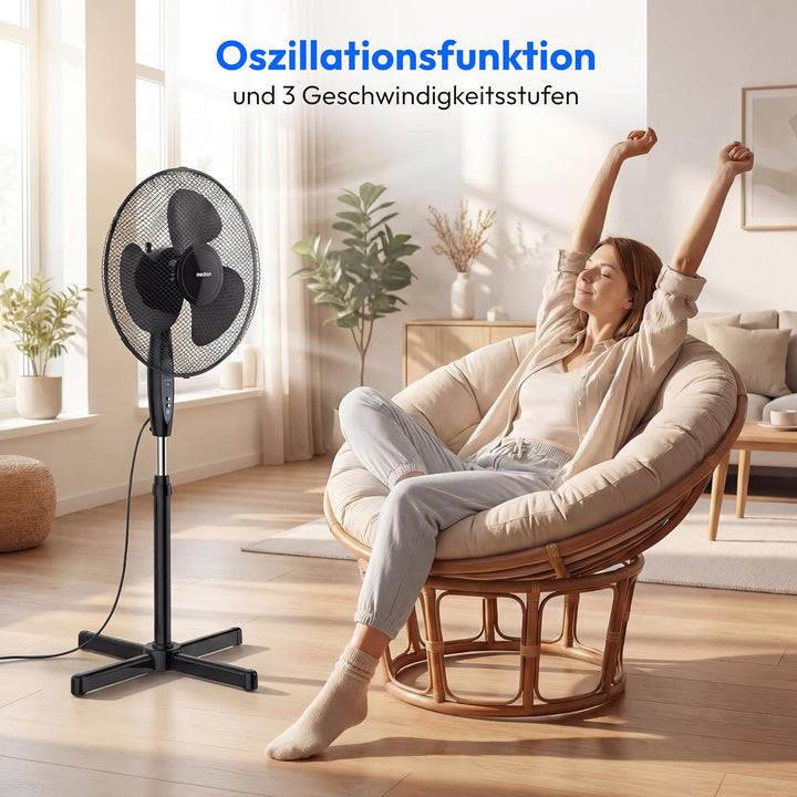 MEDION Standventilator mit Fernbedienung, drei Geschwindigkeitsstufen, 45 Watt Leistung, 36 cm, Schw