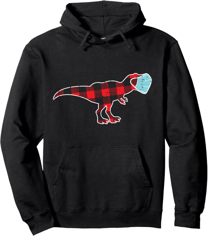 Plaid Trex Dinosaur In Mask Christmas Xmas Quarantine Gift Pullover Hoodie