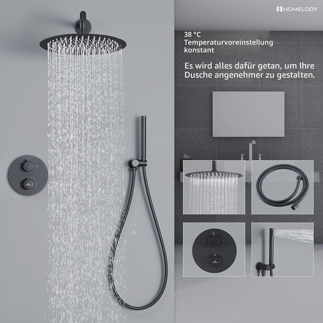 HOMELODY Schwarz Duscharmatur Regendusche Unterputz Duschsystem mit Thermostat,Unterputz Duscharmatu