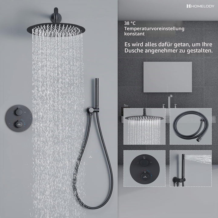 HOMELODY Schwarz Duscharmatur Regendusche Unterputz Duschsystem mit Thermostat,Unterputz Duscharmatu