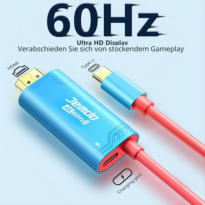 JEMDO Switch 2 Dock HDMI Kabel für Fernseher, 4K 60Hz 18 Gbps USB C zu HDMI 2.0 2m, 100W PD Spielen