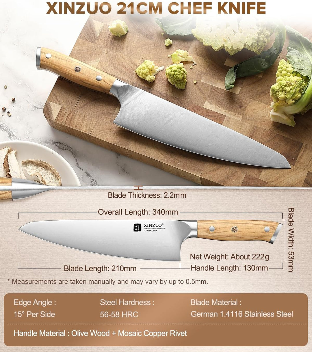 XINZUO Edelstahl 21cm Kochmesser -Profi Geschmiedet Scharf Chefmesser Deutschem 1.4116 Edelstahl Küc