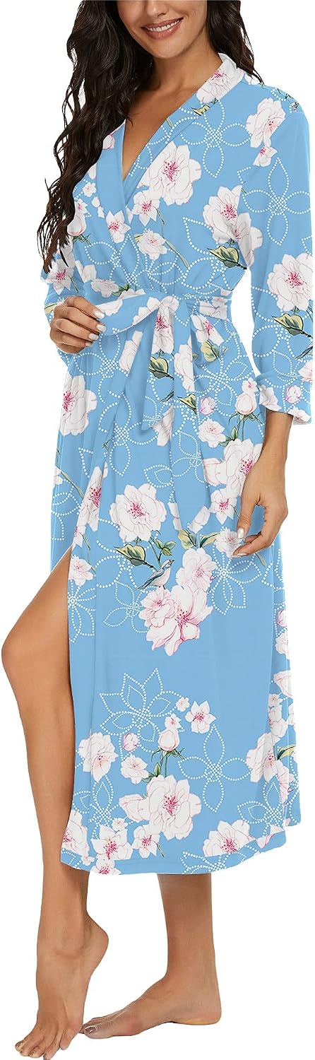 PrinStory Damen Bademantel Leichter 3/4 Ärmeln Morgenmantel V-Ausschnitt Kimono Roben Langes Nachtwä