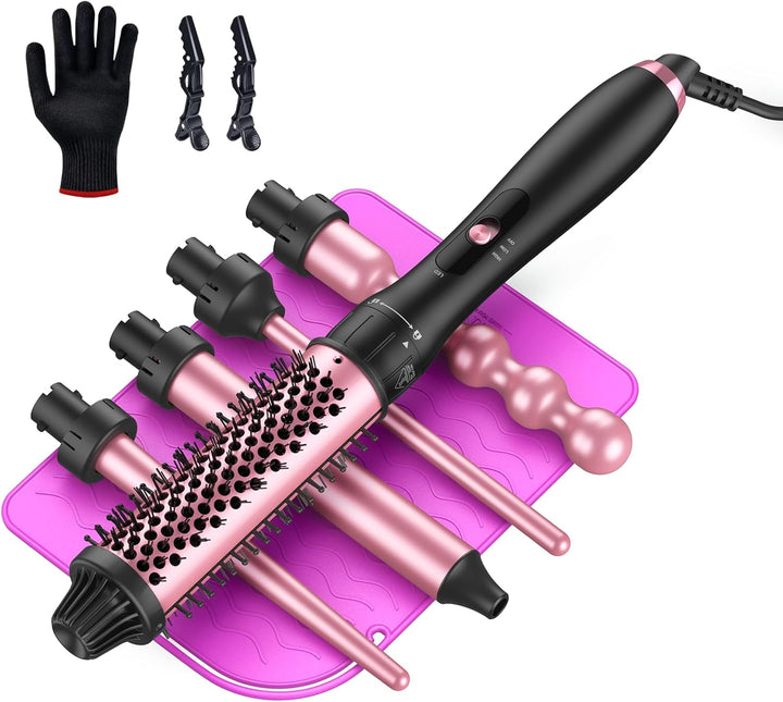 LANDOT Lockenstab mit Thermobürste 5-in-1 Set: Für Volumen & definierte Locken, 38mm Bürstenkopf & 4