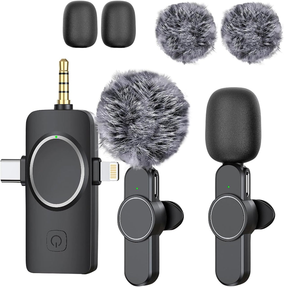 Callstel Funkmikrofon: 2er-Set Ansteck-Funk-Mikrofone, Akku, für USB-C, 8-PIN, 3,5-mm-Klinke (Smartp