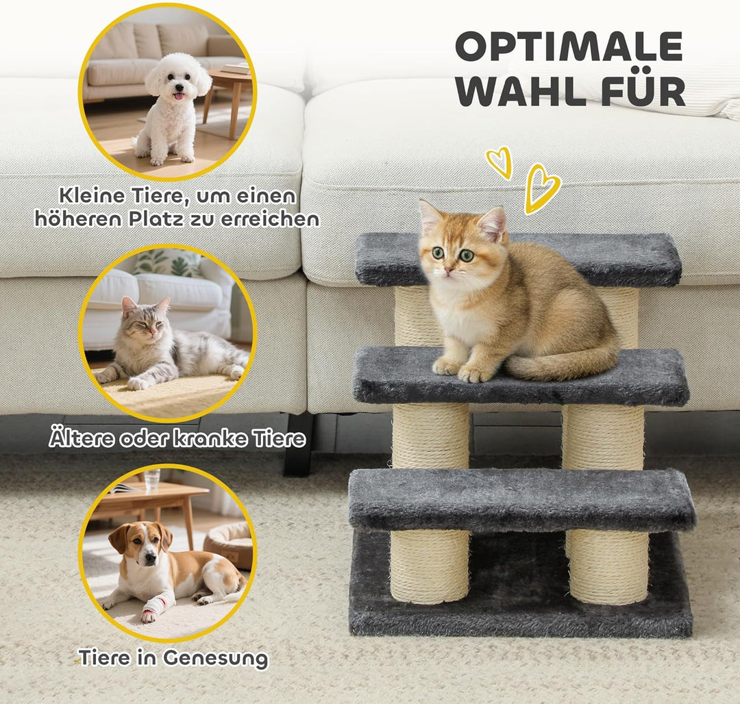 PawHut Tiertreppe Katzentreppe 3 Stufen Hundetreppe Treppe für Katze und Hunde Plüsch Dunkelgrau 45
