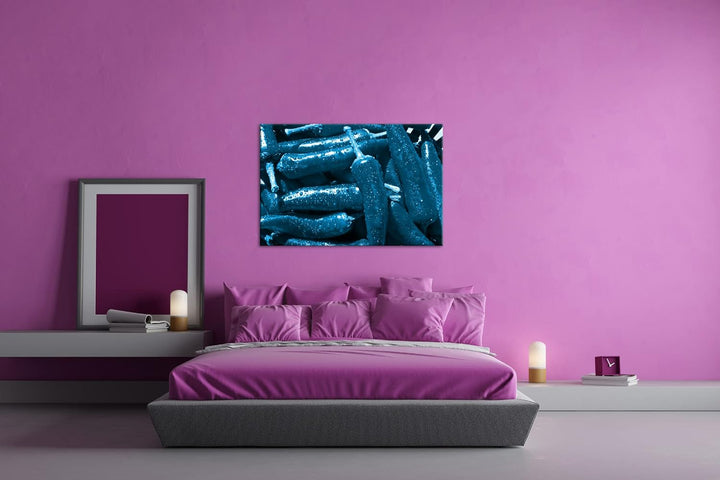 extrem scharfe Peperoni Format 100x70 Effekt: Monocrome Blau als Leinwandbild, Motiv fertig gerahmt