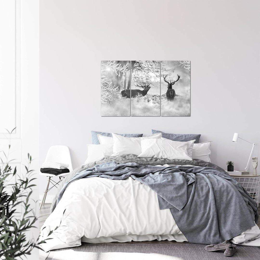 Runa Art Wandbilder Winter Hirsch Bild XXL Wohnzimmer Schlafzimmer Schwarz Weiss Landschaft 120 x 80