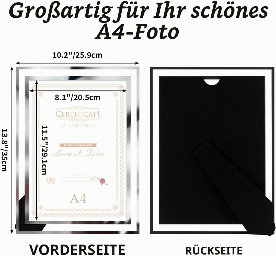 Hoikwo 4er-Set Bilderrahmen DIN A4 Glas – Fotorahmen Silber für Zertifikate, Diplome, Familienfotos