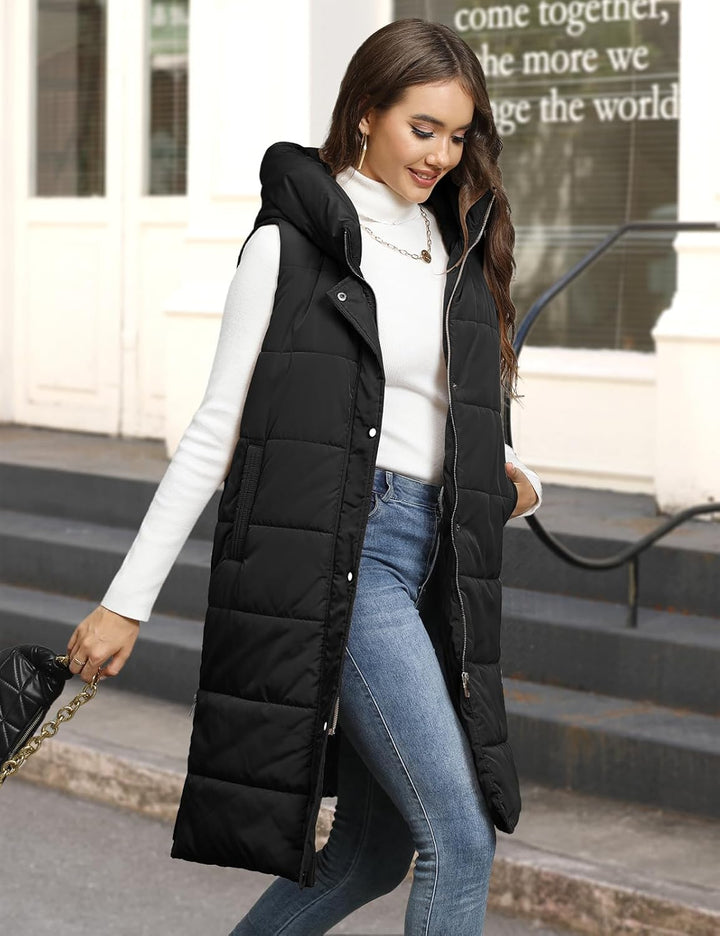 Yuson Girl Lange Jacke Weste für Damen Ärmellose Kapuzenweste Steppweste Damen Lang Winteroberbeklei