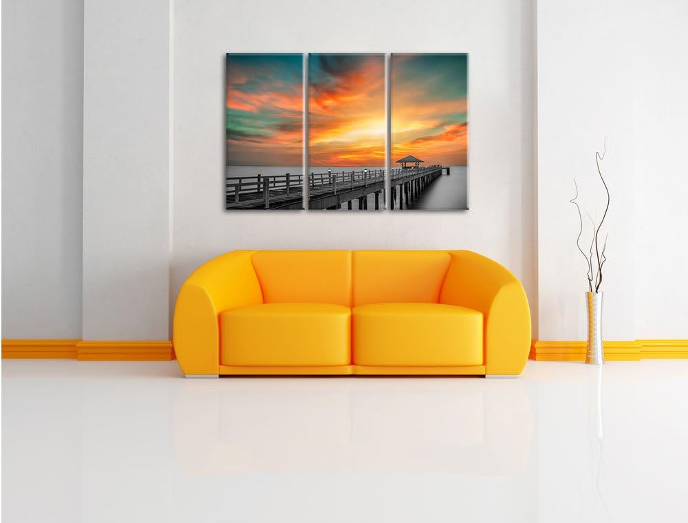 Pixxprint Steg ins Meer bei Sonnenuntergang/Format: 3-Teiler (120x80cm) cm/Leinwandbild fertig bespa