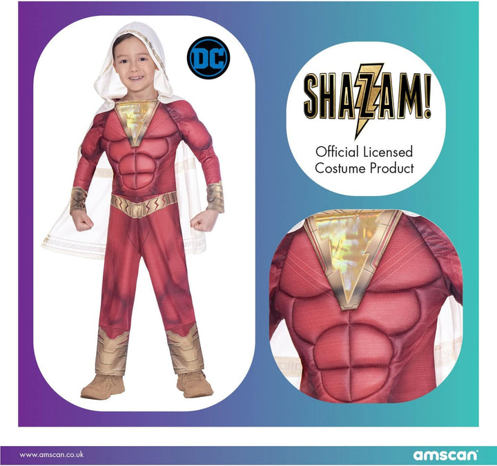 Amscan - Kinderkostüm Shazam, Overall mit gepolsterter Brust, Kapuzenumhang, DC Super Heroes, Motto-