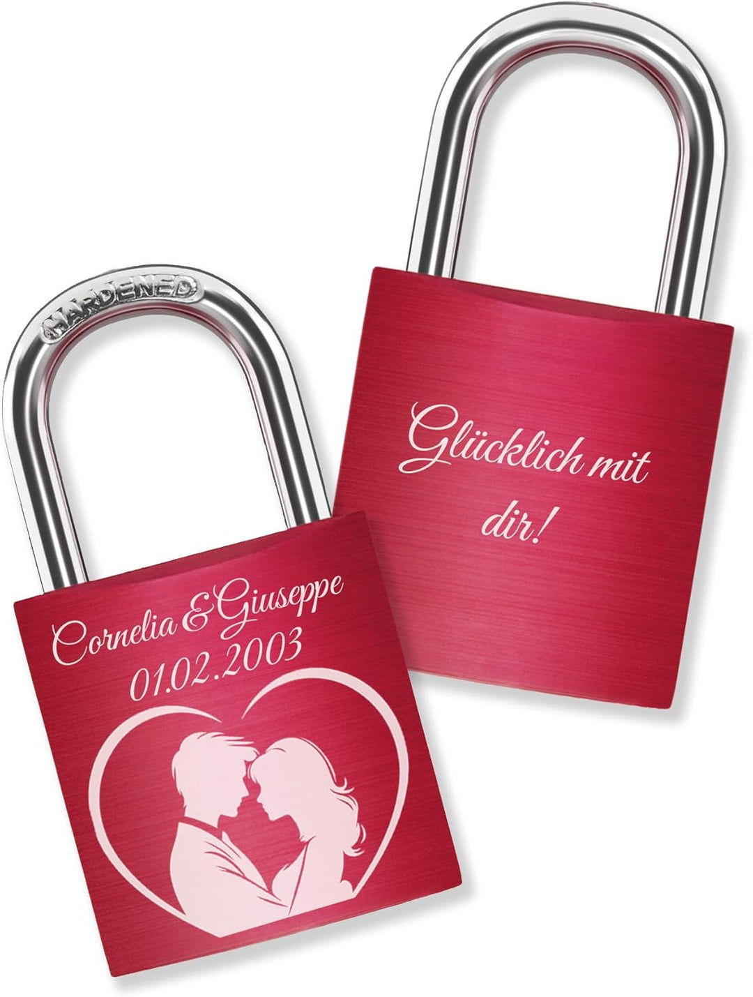 Liebesschloss mit Gravur + Schlüssel - Rot - gestaltbar mit vielen Farben, Pärchenmotiven & Schrifte