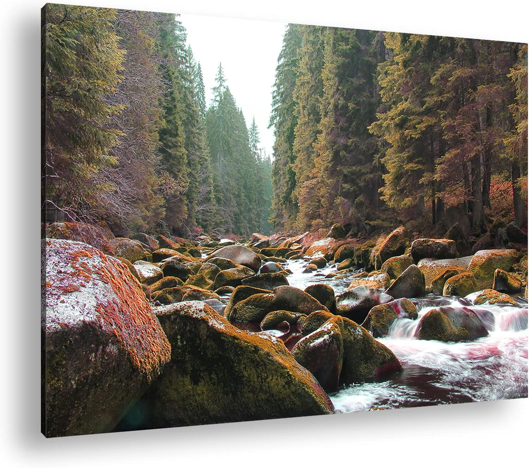 deyoli idyllischer Fluss im Wald im Format: 80x60 als Leinwandbild, Motiv fertig gerahmt auf Echthol