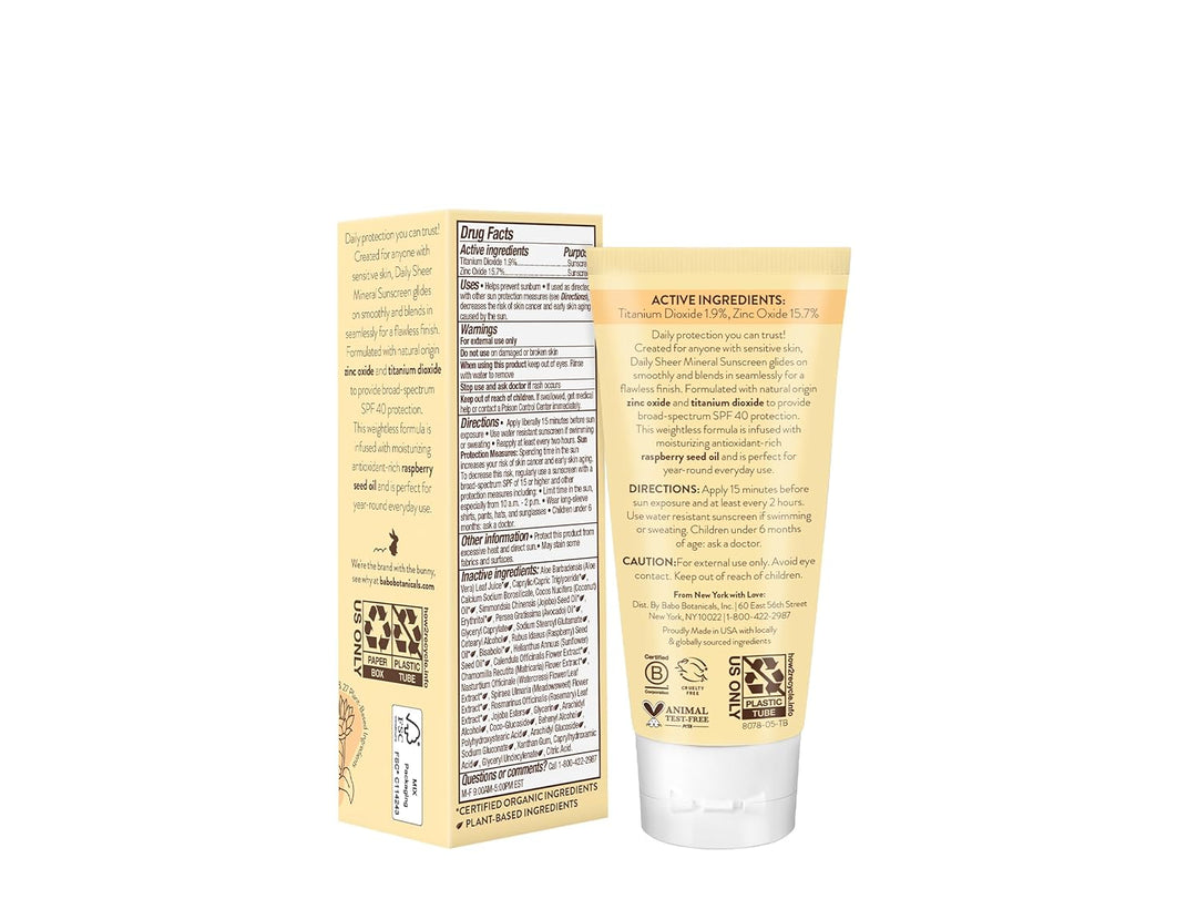 Babo Botanicals Daily Sheer Sunscreen SPF40 - Fragrance Free - For Face & Extra Sensitive Skin 50ml