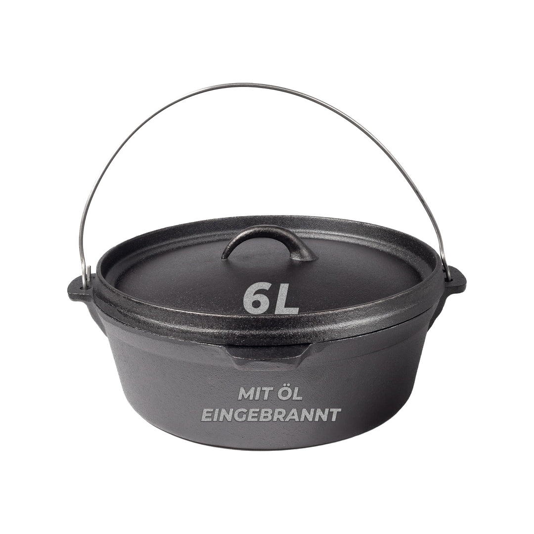 BIOL Dutch Oven 6 Liter aus Gusseisen – Eingebrannter Feuertopf mit Deckelheber und Doppelfunktions-