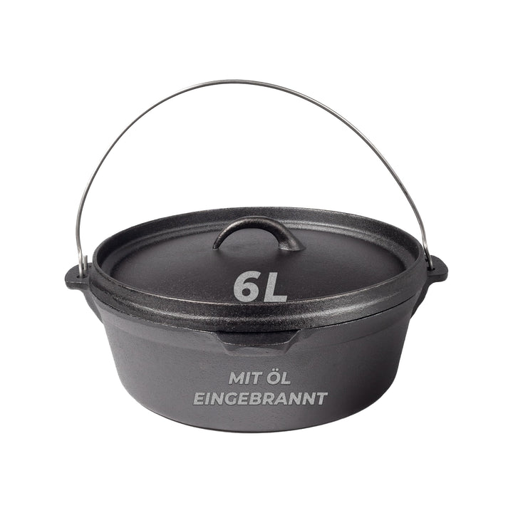 BIOL Dutch Oven 6 Liter aus Gusseisen – Eingebrannter Feuertopf mit Deckelheber und Doppelfunktions-