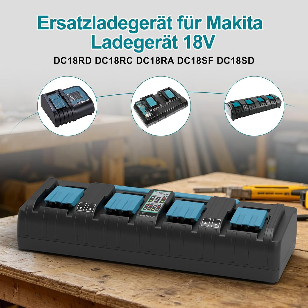 4-Fach Schnellladegerät DC18SF für Makita Ladegerät 18V | Kompatibel mit Makita Akku 18V/14.4V BL185