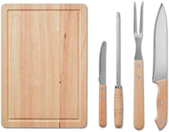 Hochwertiges Edelstahl Grill-BBQ-Set aus 5 Teilen mit Messern, Schneidebrett, Schärfer und Gabel - S