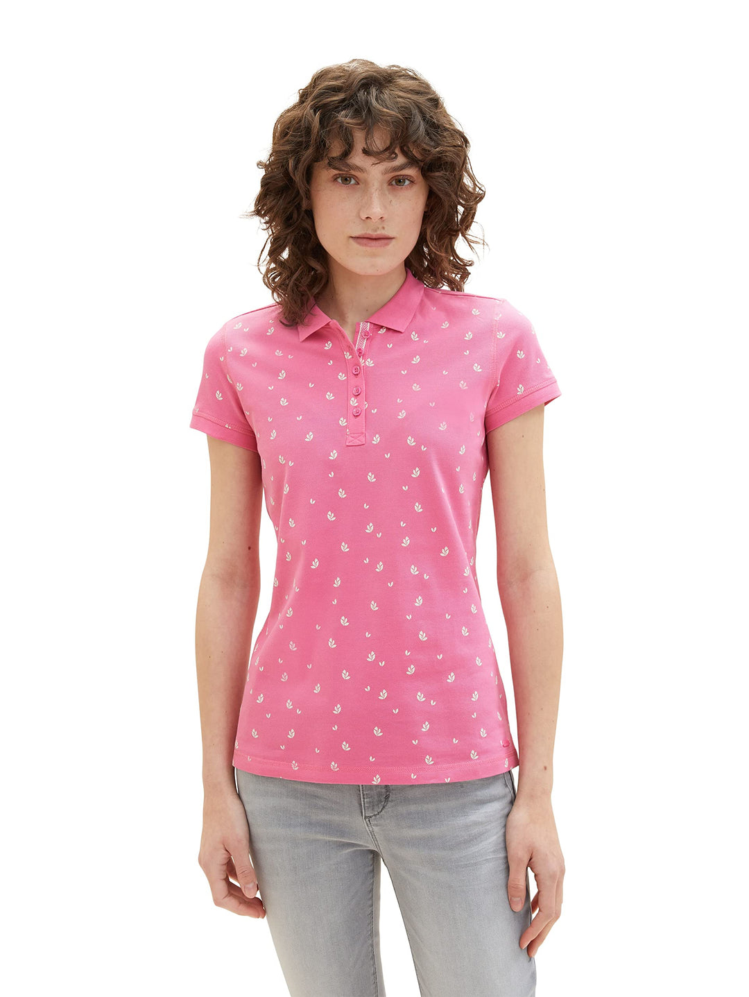 TOM TAILOR Damen Basic Slim Fit Polo Shirt L 32659 - Pink Floral Design, L 32659 - Pink Floral Desig