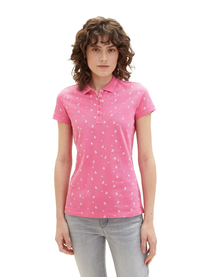 TOM TAILOR Damen Basic Slim Fit Polo Shirt L 32659 - Pink Floral Design, L 32659 - Pink Floral Desig