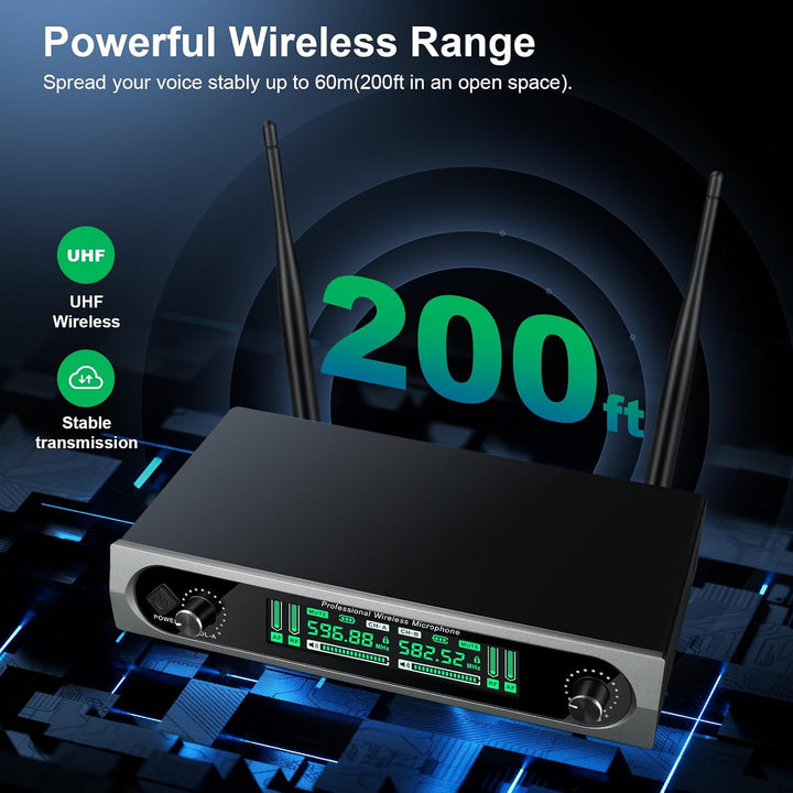 Wireless UHF Microphone System,W/2 Handhelds,Auto Scan,2x50 UHF Frequencies,200ft Range,Dynamic Micr