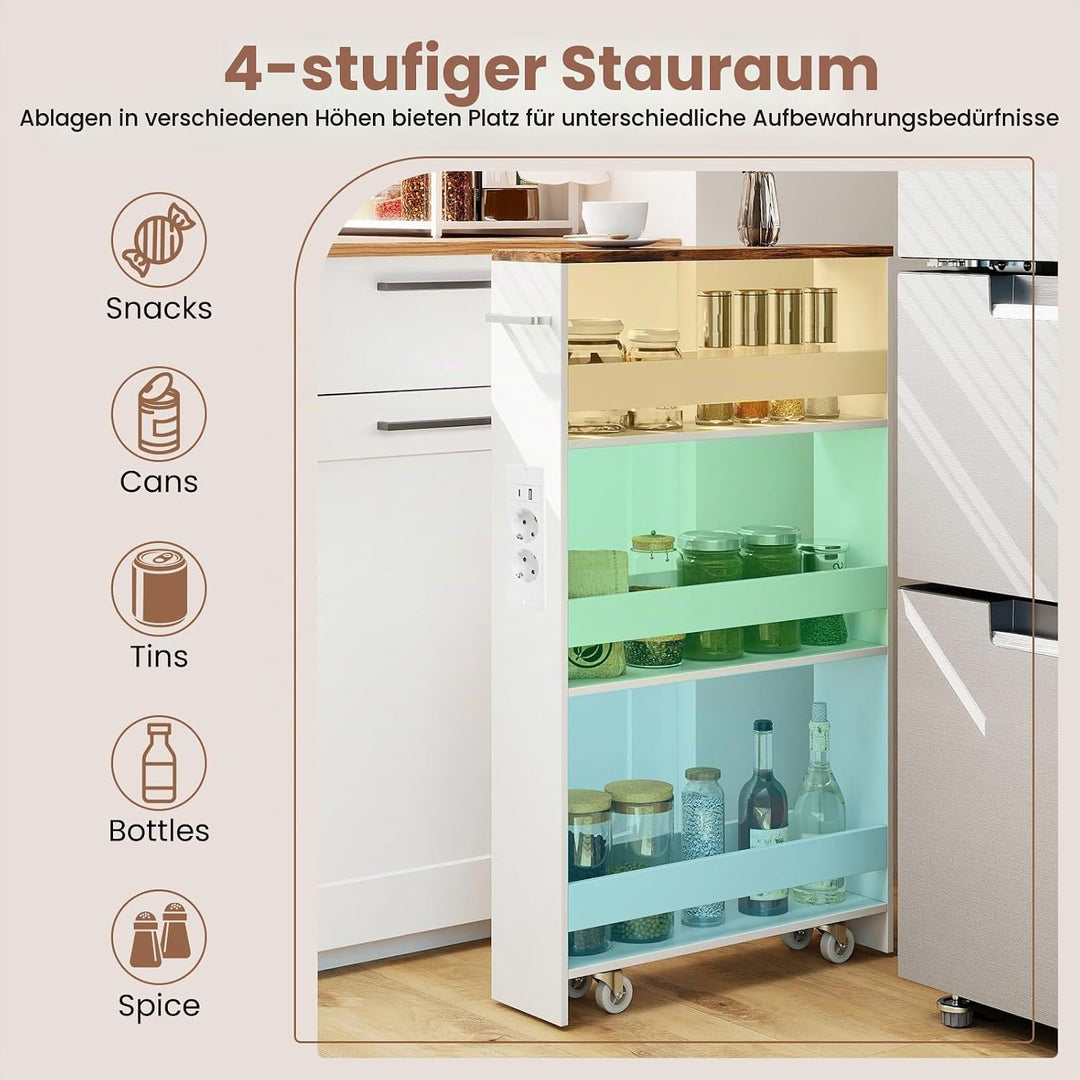 GIANTEX Nischenregal 13cm breit, Nischenschrank Nischenwagen mit Ladestation, Küchenregal auf Rollen