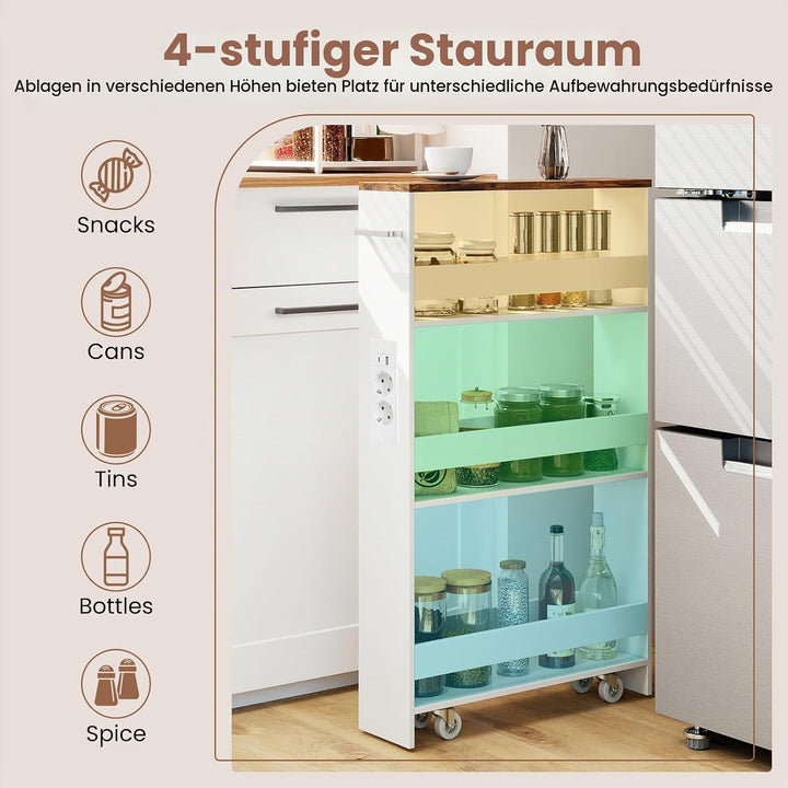 GIANTEX Nischenregal 13cm breit, Nischenschrank Nischenwagen mit Ladestation, Küchenregal auf Rollen