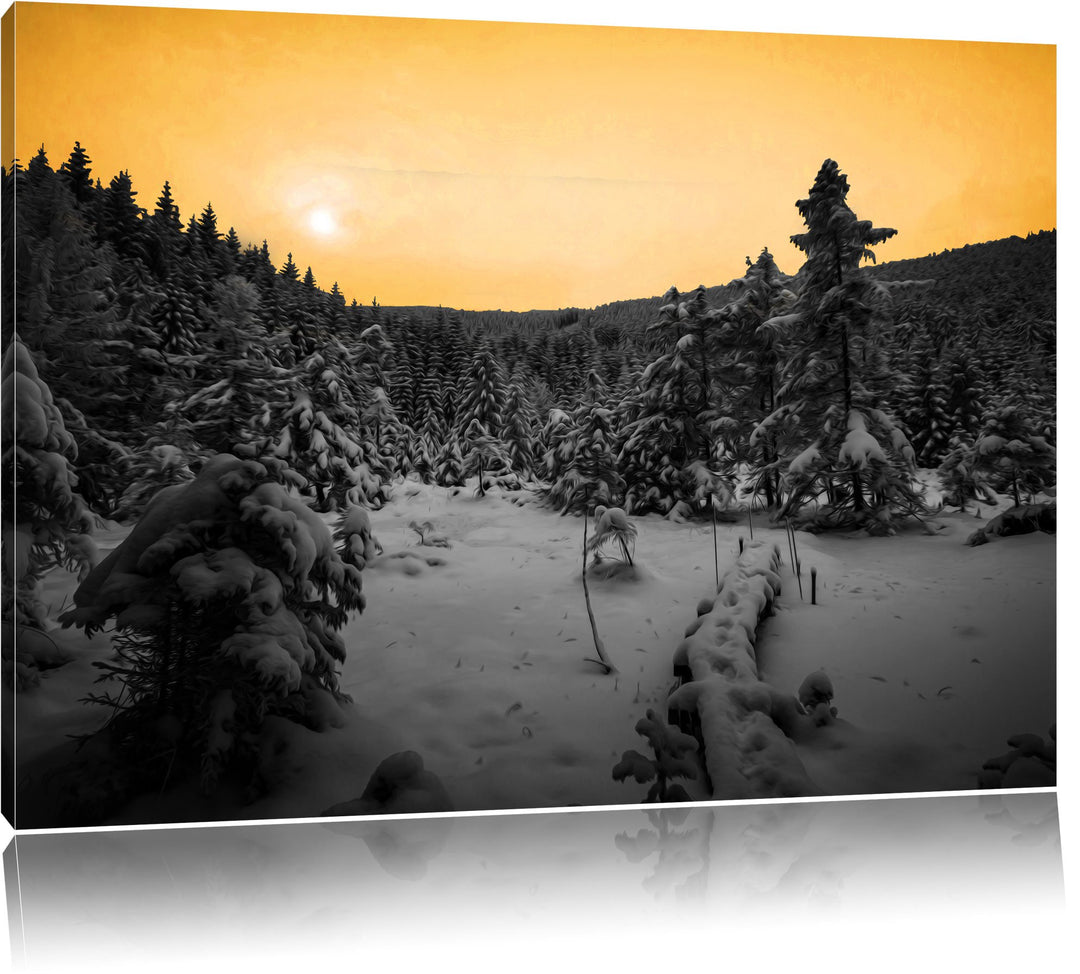Wald im verschneiten Winter schwarz/weiss Format: 100x70 auf Leinwand, XXL riesige Bilder fertig ger