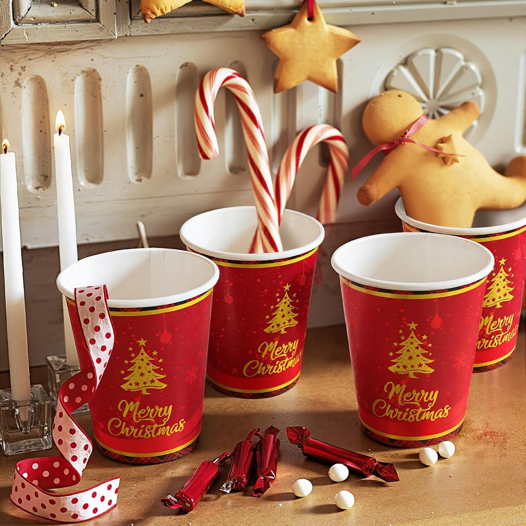 60 Stück Pappbecher WeihnachtsRot 9oz Party Tischdeko mit Weihnachtsbaum und Merry Christmas Muster,