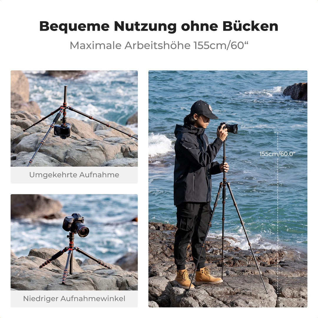K&F Concept 152cm Carbon Stativ, Leichtes Tripod, Flexibles Kamera Stativ mit 360° Kugelkopf, 1/4''