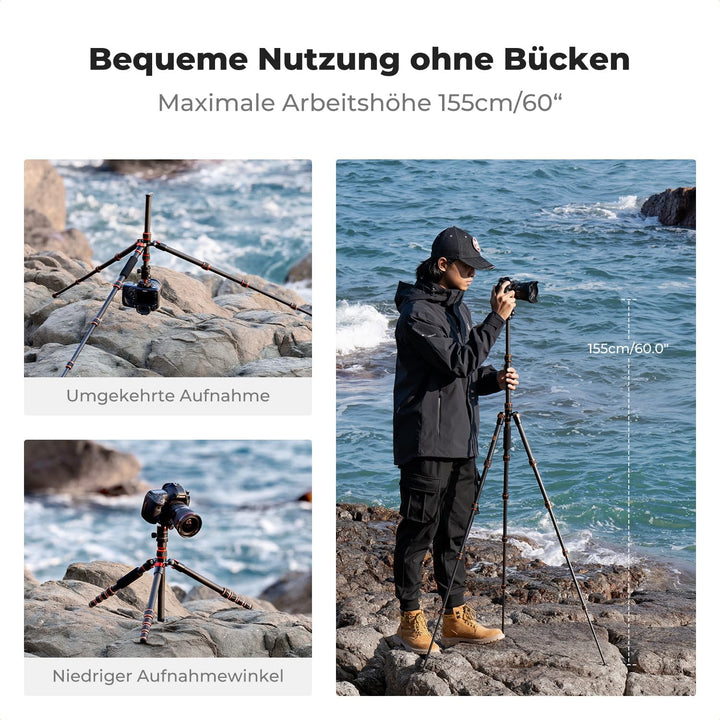 K&F Concept 152cm Carbon Stativ, Leichtes Tripod, Flexibles Kamera Stativ mit 360° Kugelkopf, 1/4''