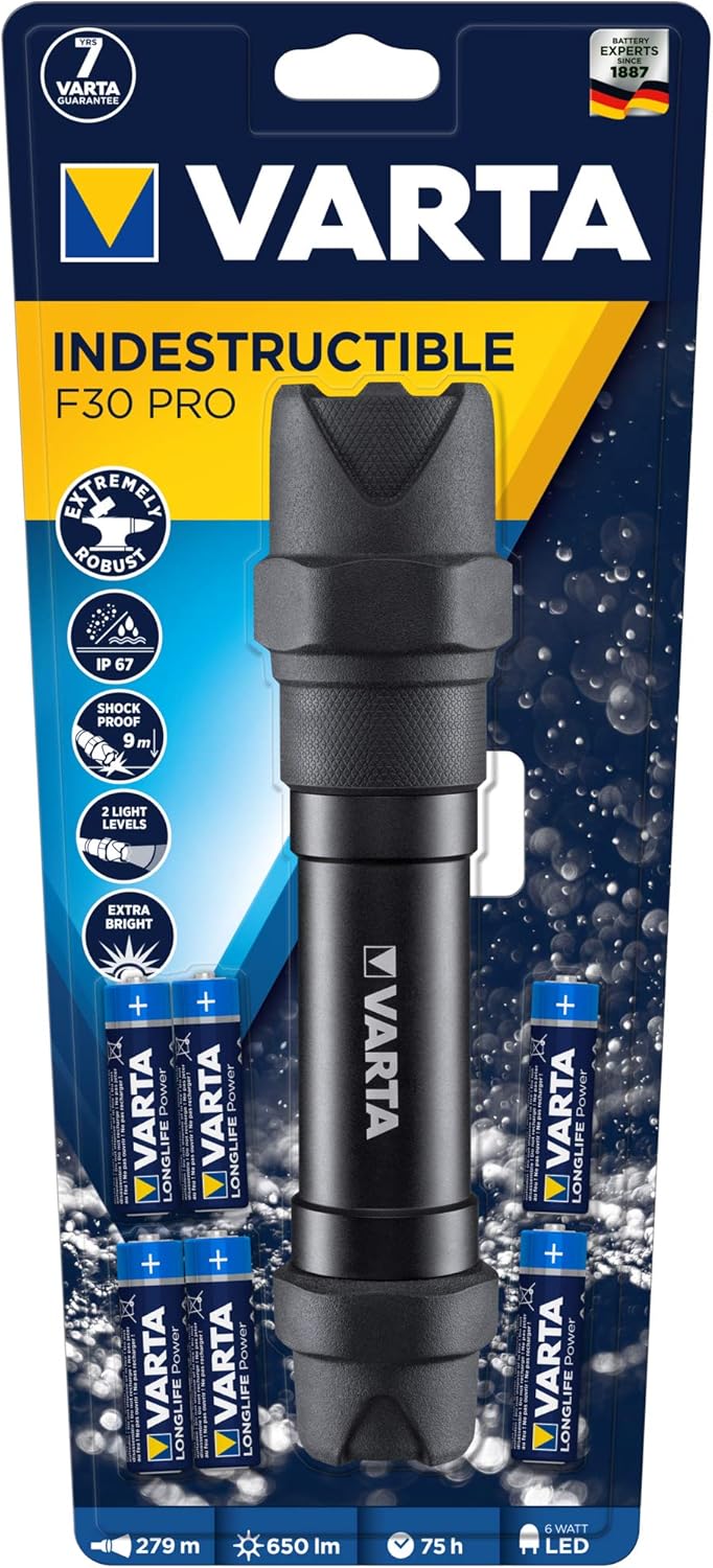 VARTA Taschenlampe LED 6 Watt inkl. 6x AA Batterien, Indestructible F30 Pro Leuchte, Lampe, Arbeitsl