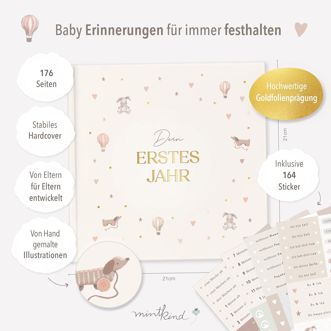 mintkind® Mein erstes Jahr Babyalbum Pattern – sanftes Babytagebuch mit 176 Seiten und Sticker-Set f