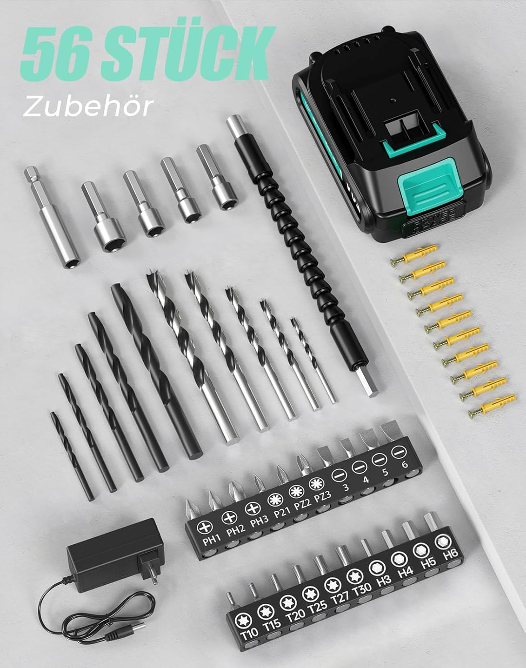 Akkuschrauber, 20V Akku Bohrschrauber, 25+1 Drehmomentstufen Akkubohrer, 42Nm Max Drehmoment, LED-Li