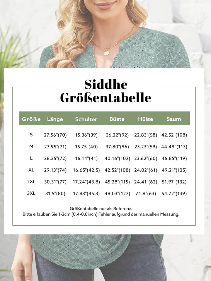 Siddhe Damen V-Ausschnitt Bluse 3/4 Ärmel Tunika Reissverschluss Langshirt Langarm Hemd Tops T-Shirt