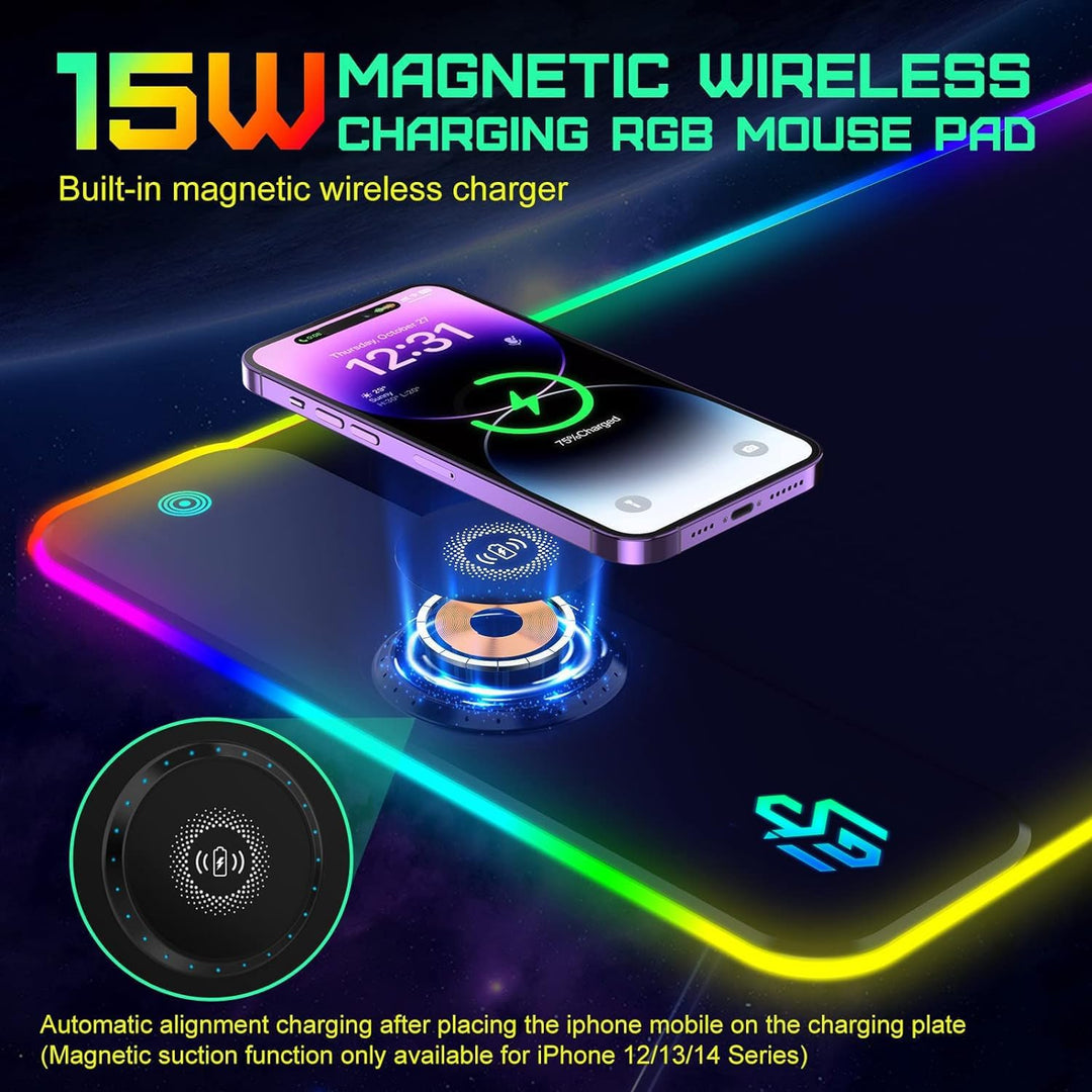 GIM RGB Gaming Magnetisches Mauspad 800x300x4cm mit 15W Schnellladung Qi Kabelloses Laden für I-Phon