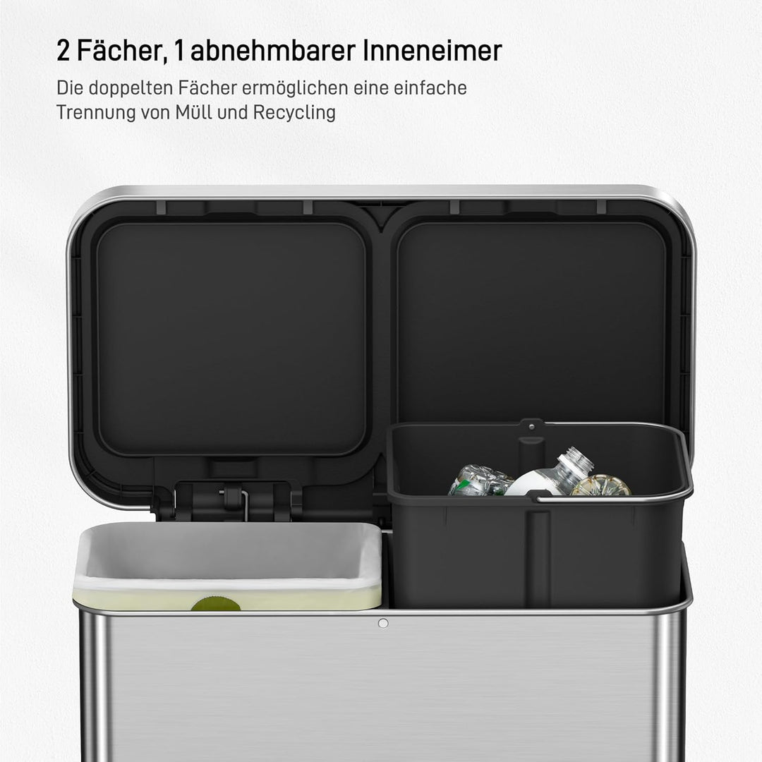 EKO Mülleimer 2 Fächer, 40 + 28 Liter, Edelstahl Tretmülleimer, 12 Müllsäcke, ein herausnehmbarer In
