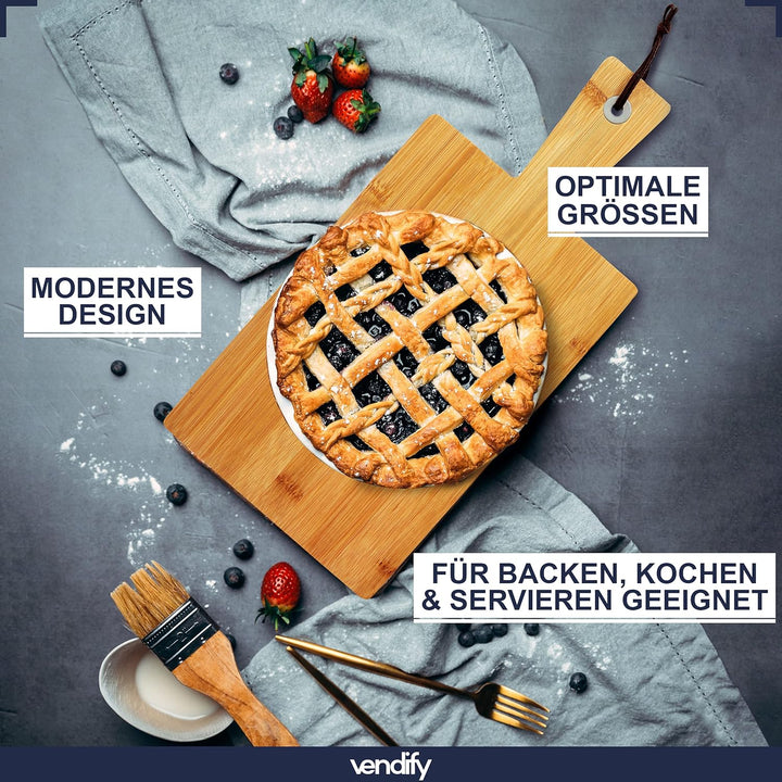 vendify® Schneidebrett Bambus 3er-Set & 6x Steakmesser - Frühstücksbrettchen 3 Grössen - Antibakteri