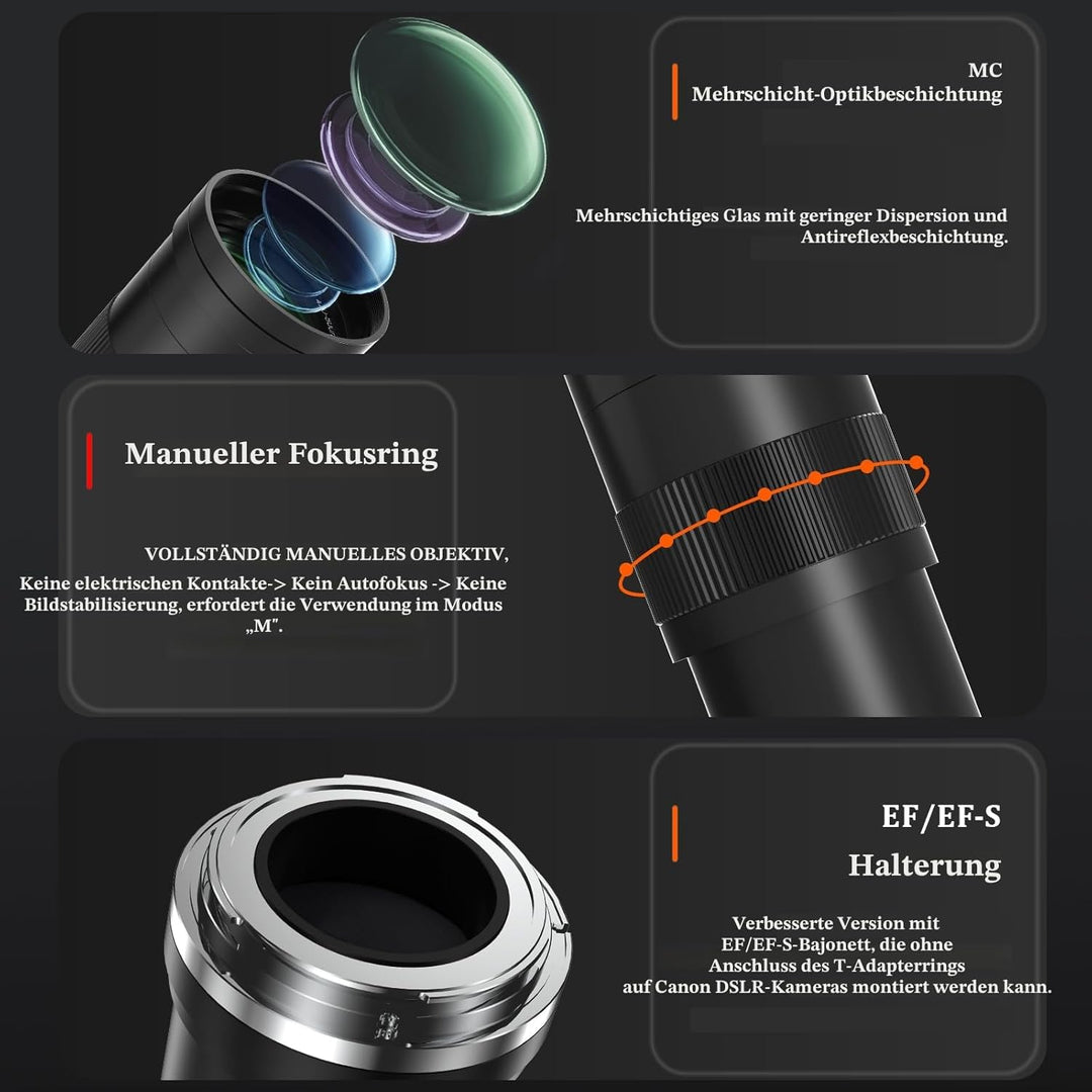 BENOISON Teleobjektiv 420-800mm, EF Objektiv für Canon DSLR, Manueller Fokus MF Zoom Objektiv für Ca